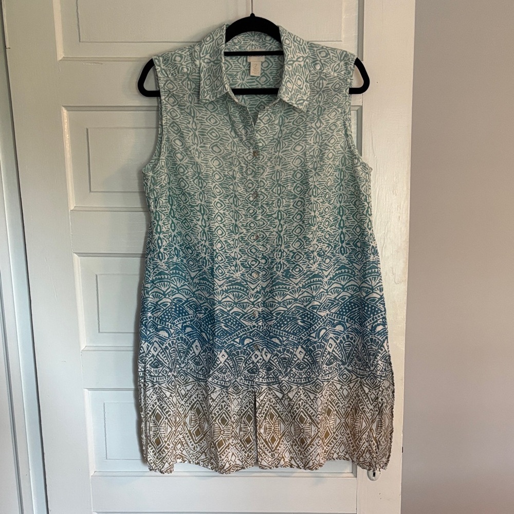 Chicos Linen Boho Costal Blue and White Patterned Tunic